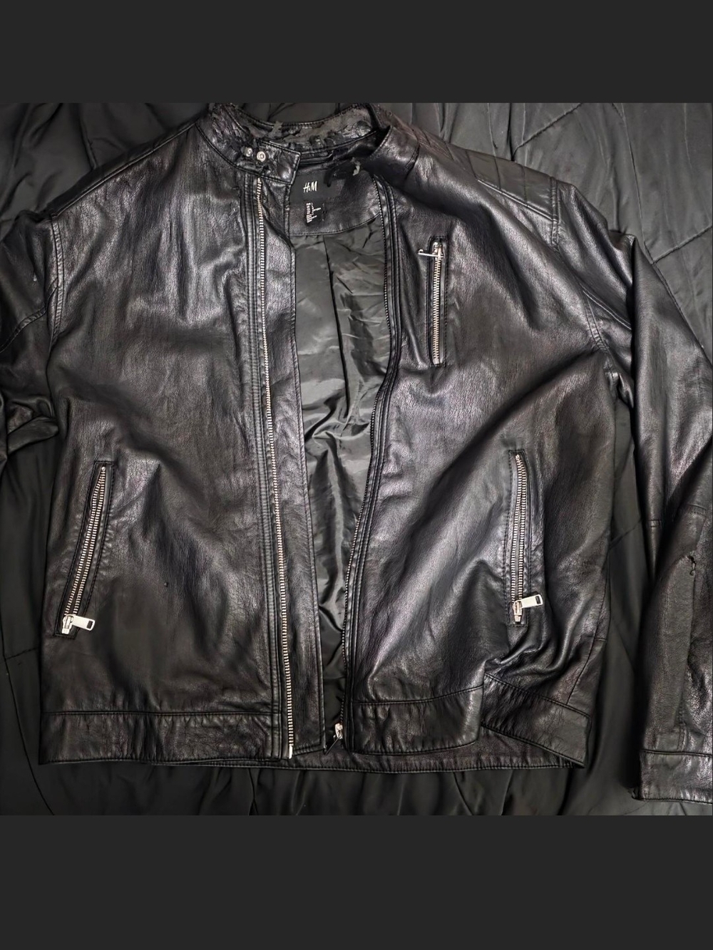 H&M Men's Black Leather Zip-Front Bomber Jacket